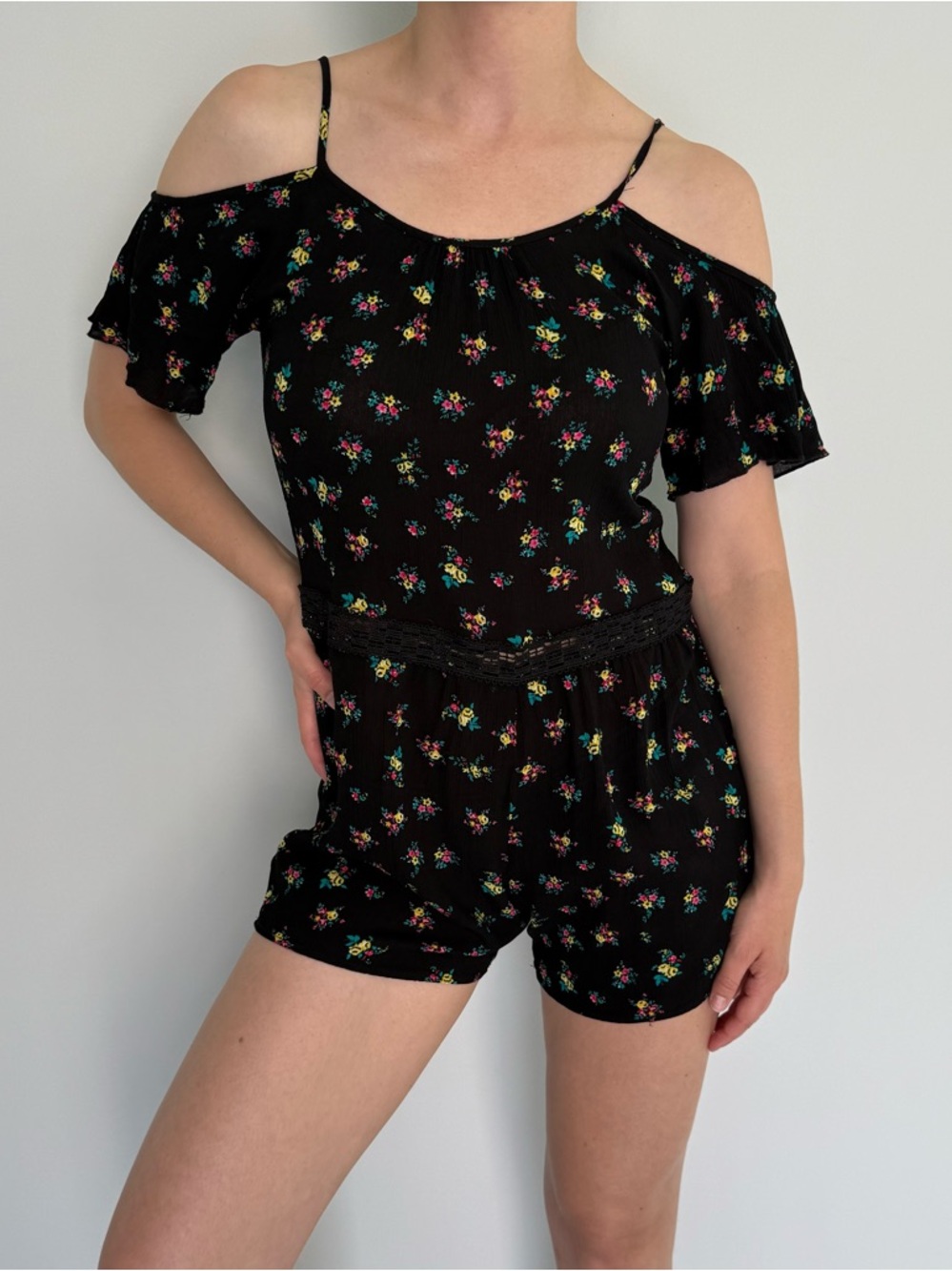 Floral Cold-Shoulder Romper - Black